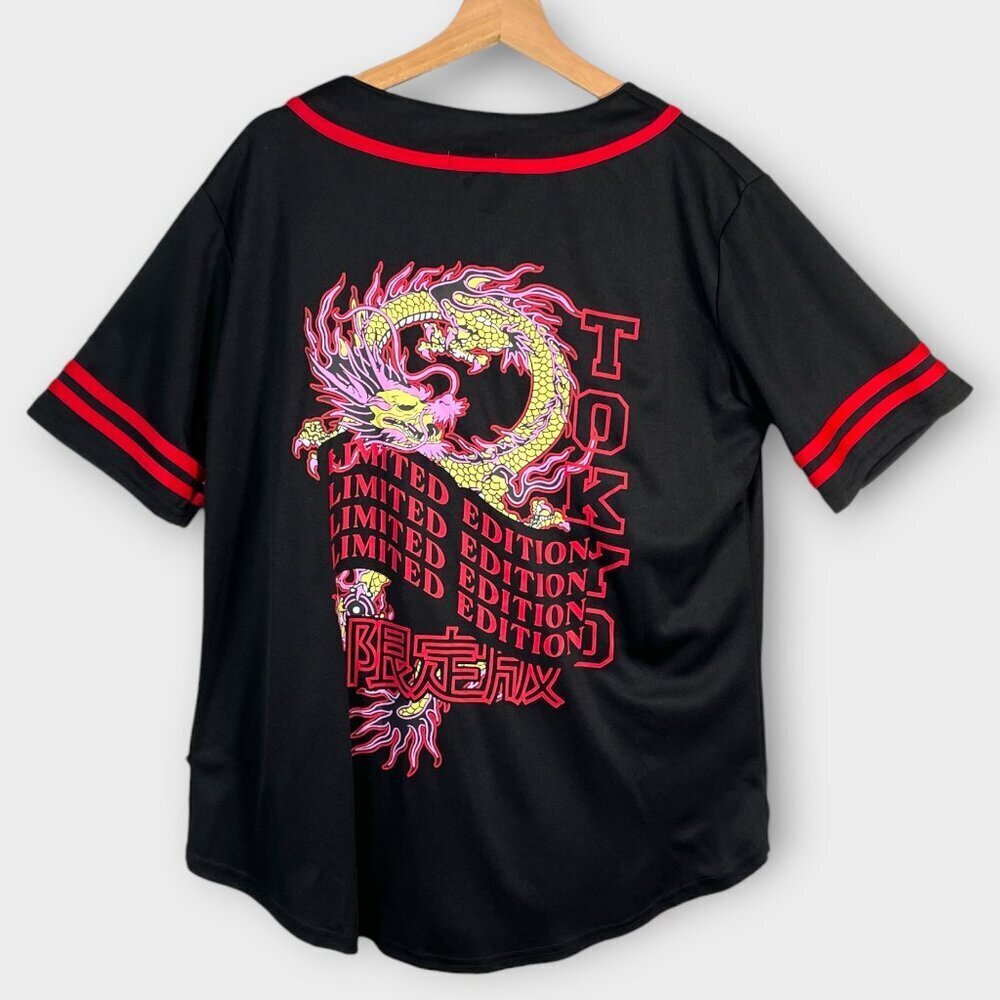 🦜 RUE21 Tokyo Baseball Shirt Woman's LARGE Dragon Black Red Pink NEW